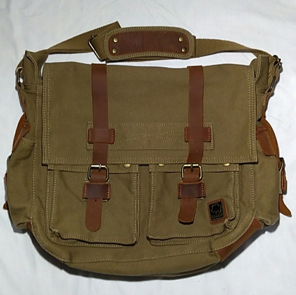 NEW S.C.Cotton Super Spacious Army Green Tan Canvas Leather Trim Messenger Bag - Picture 2 of 16